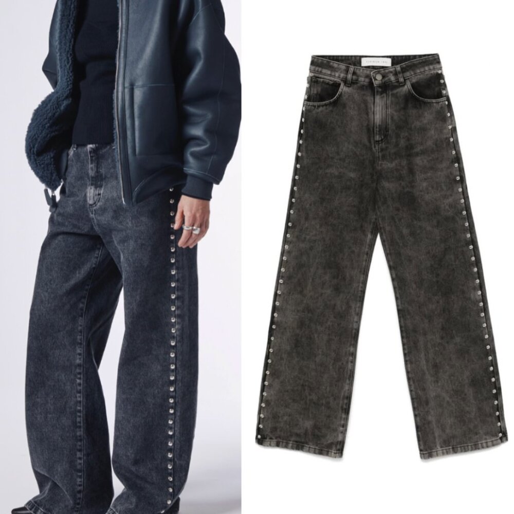 Federica tosi studded high rise black designer studded wide leg denim